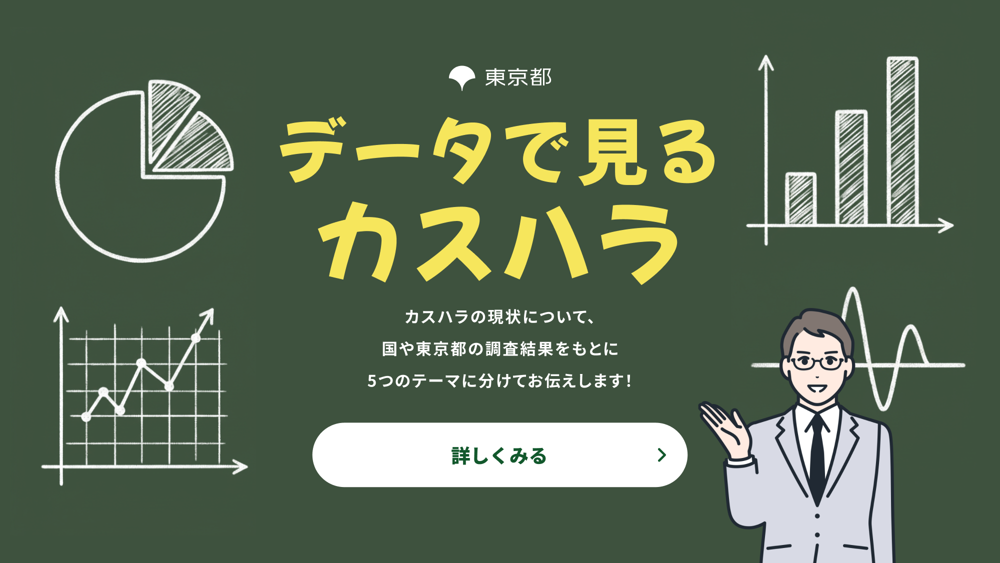 データでみるカスハラ カスハラの現状について、国や東京都の調査結果をもとに5つのテーマに分けてお伝えします！詳しくみる